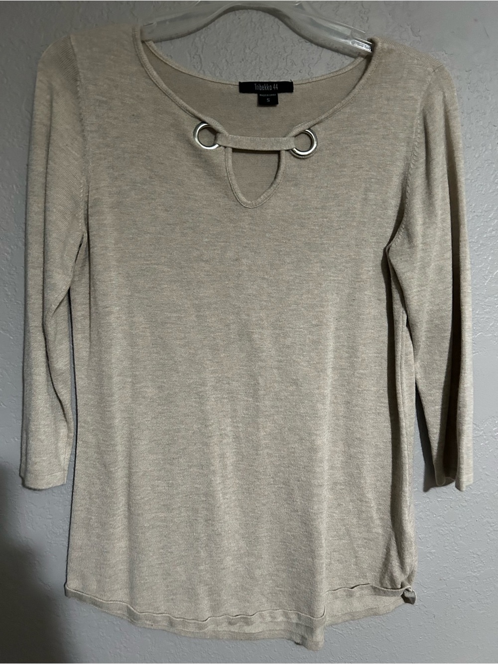 Sabina Beige Long-Sleeve Knit Top with Silver Ring Detail